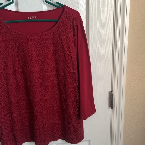 LOFT‎ Lace Top Blouse 3/4 Sleeve Cranberry Red Elegant Party Casual Size XL - Picture 5 of 10
